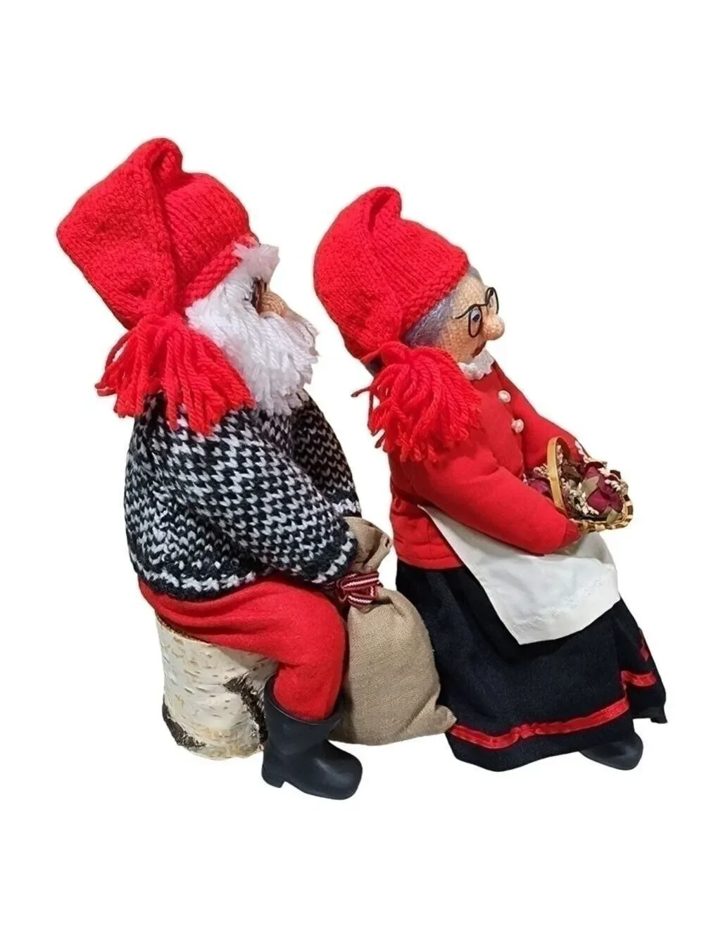 Vtg set Mr. & Mrs. Klaus handmade crochet one of a kind figures sitting on a log